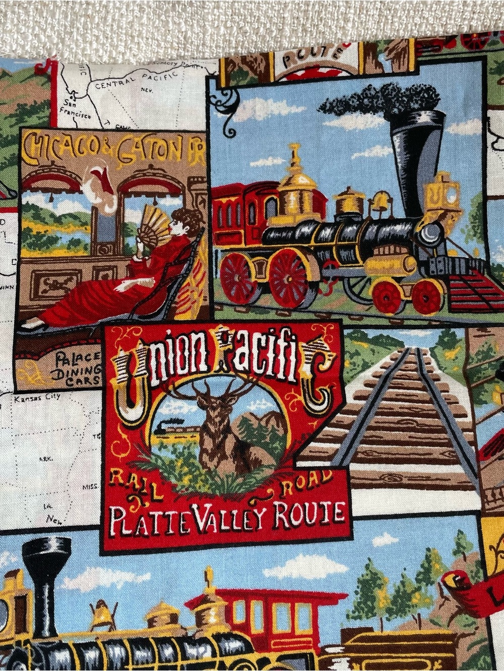 Vintage Steam Train Stations Print Cotton Multicolor Fabric Remnants 2pcs 44x19" - Picture 5 of 5